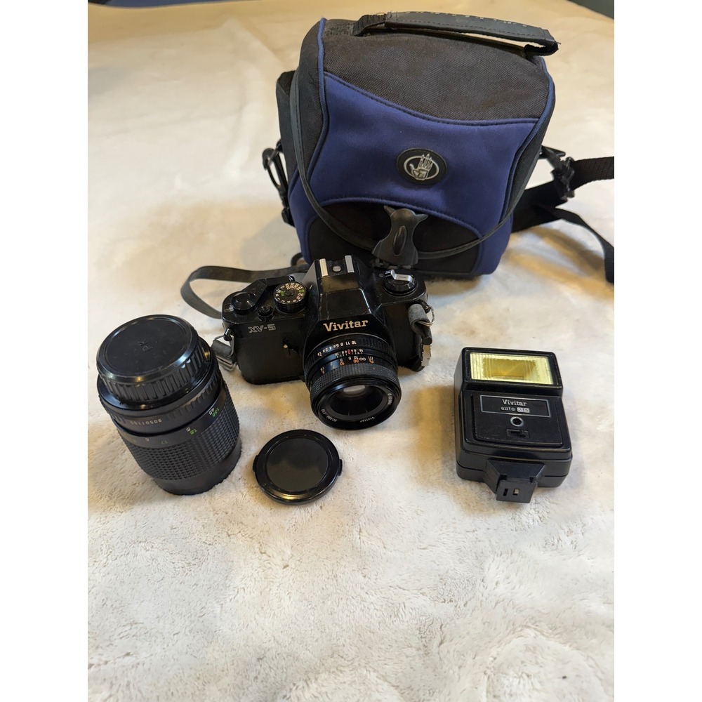 Vivitar XV-5 35mm SLR Film Camera Kit with 50mm 135mm Lenses Flash and Bag